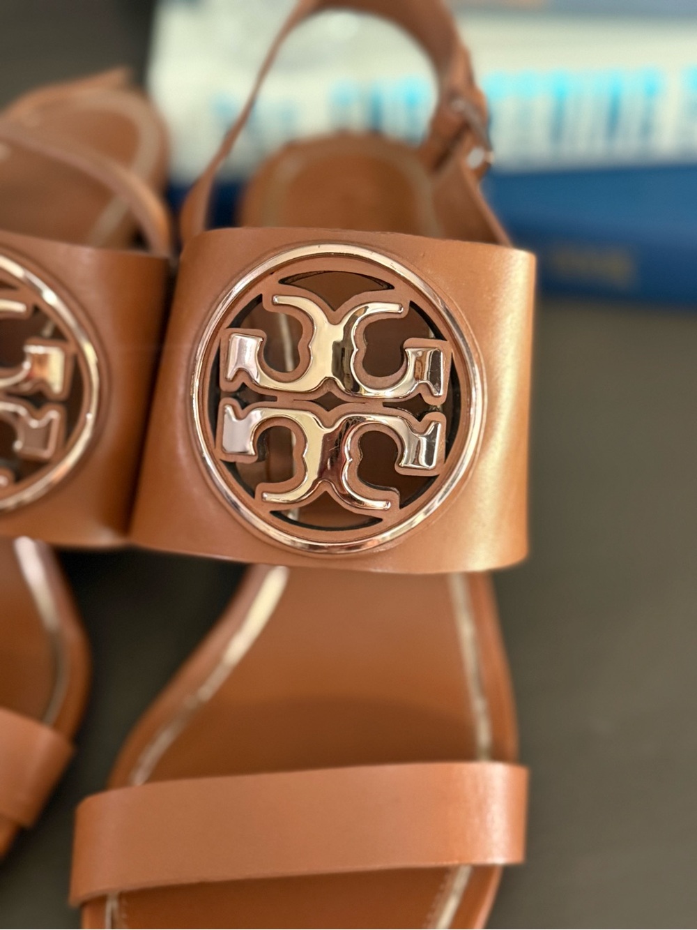 Tory Burch Miller Gold Logo 65mm Leather Wedge Sandals Tan Brown Women’s 10M - Picture 5 of 11